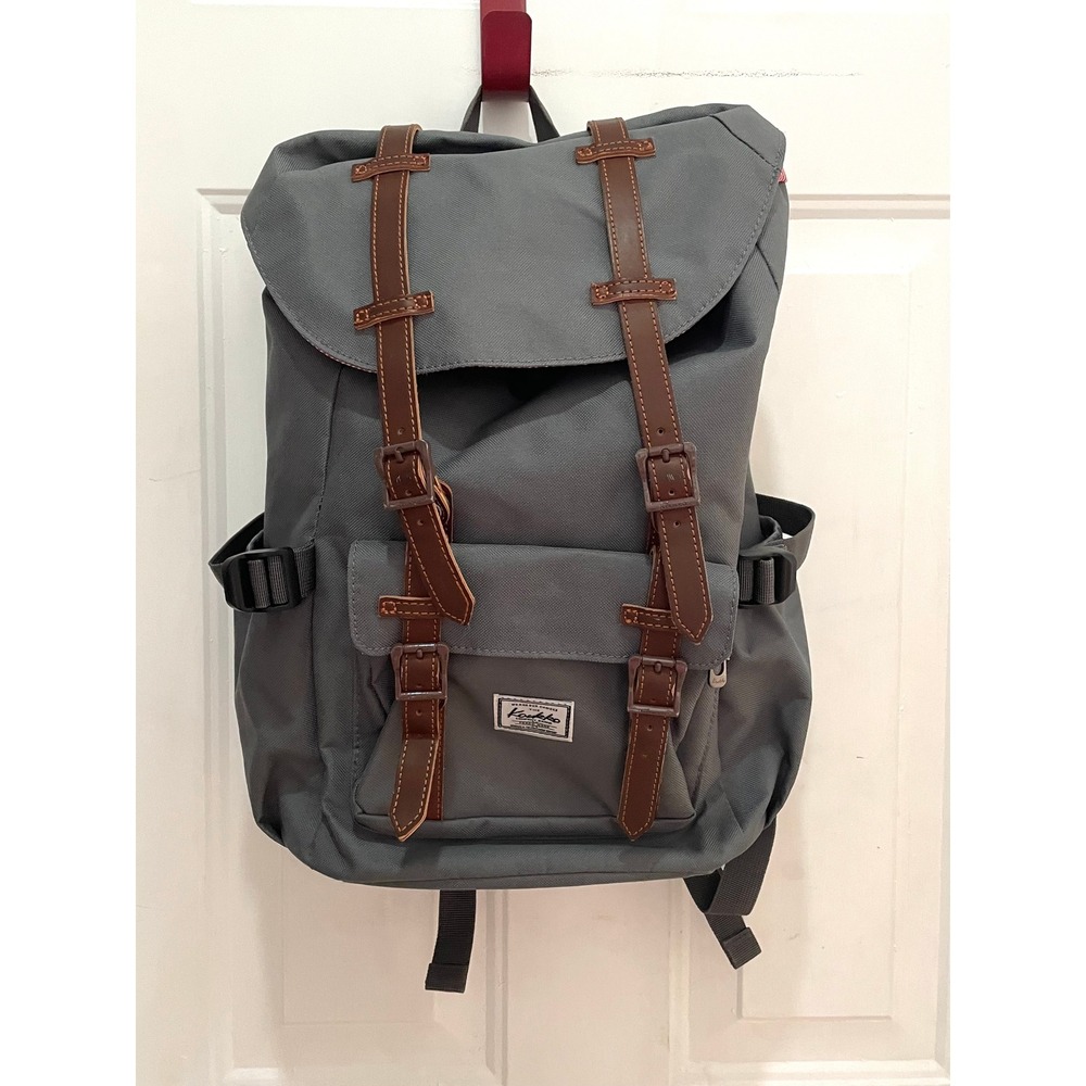 Kaukko Gray Canvas Laptop Backpack Brown Faux Leather Straps Rucksack Travel Bag